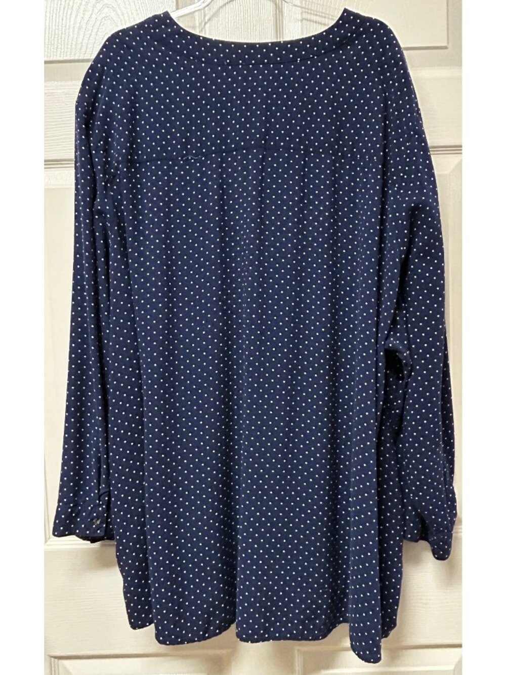 Women's Woman Within Navy Polka Dot 3/4 Sleeve Blouse 5X Rayon Split Neck - Picture 2 of 8